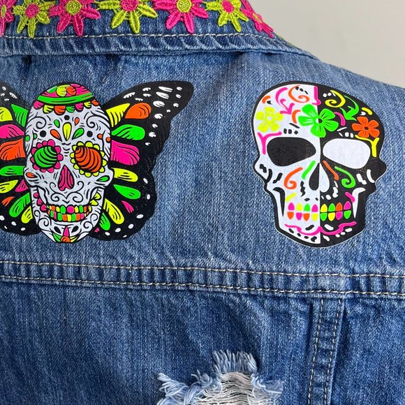 Distressed Denim Vest - One of A Kind - Customized with Day of the Dead Skulls - Picture 10 of 13